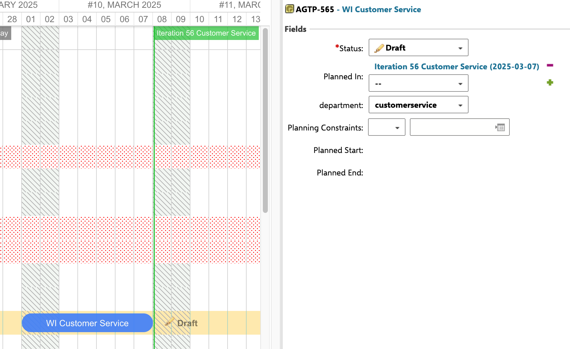 After WI Customer Service is moved to overlap Iteration 56 Customer Service and saved, its Planned In shows Iteration 56 Customer Service