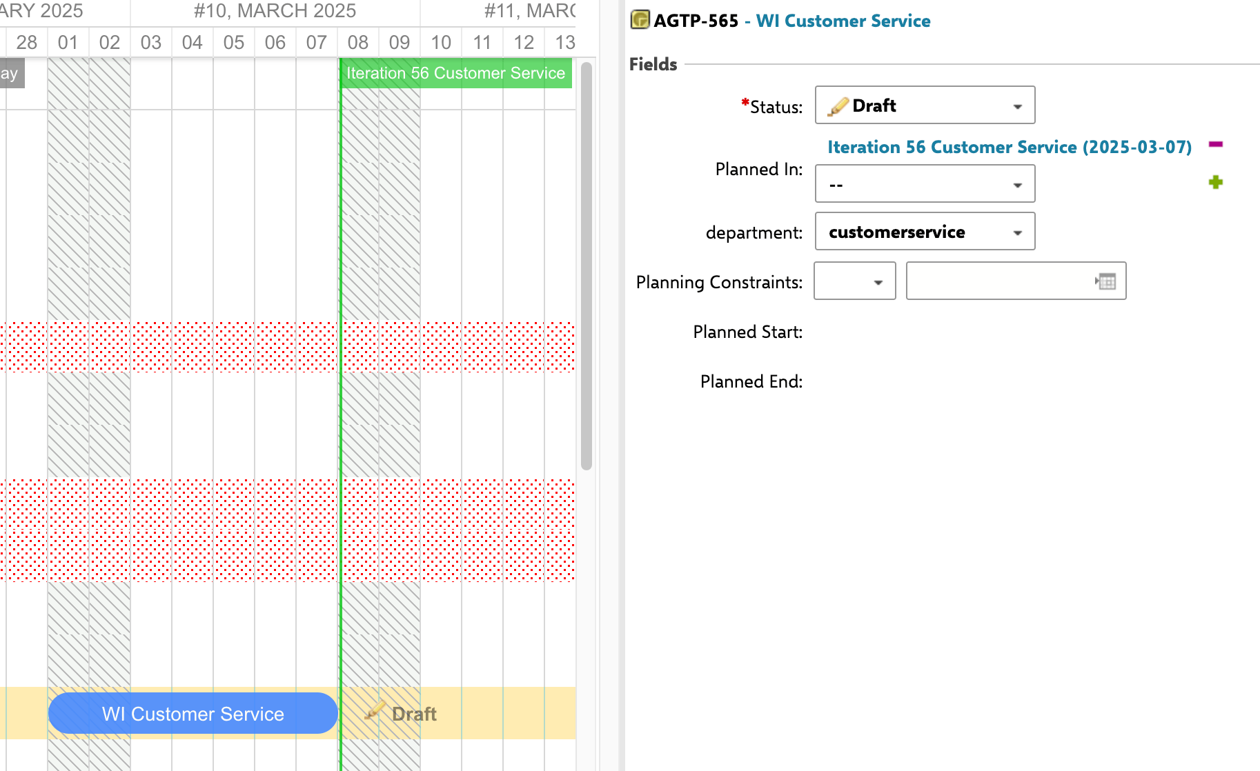 After WI Customer Service is moved to overlap Iteration 56 Customer Service and saved, its Planned In shows Iteration 56 Customer Service