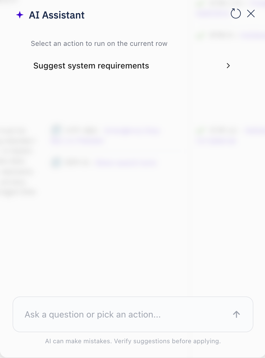 The AI Assistant window in its empty state, listing the configured AI actions as selectable entries.