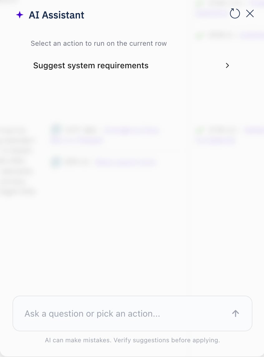 The AI Assistant window in its empty state, listing the configured AI actions as selectable entries.