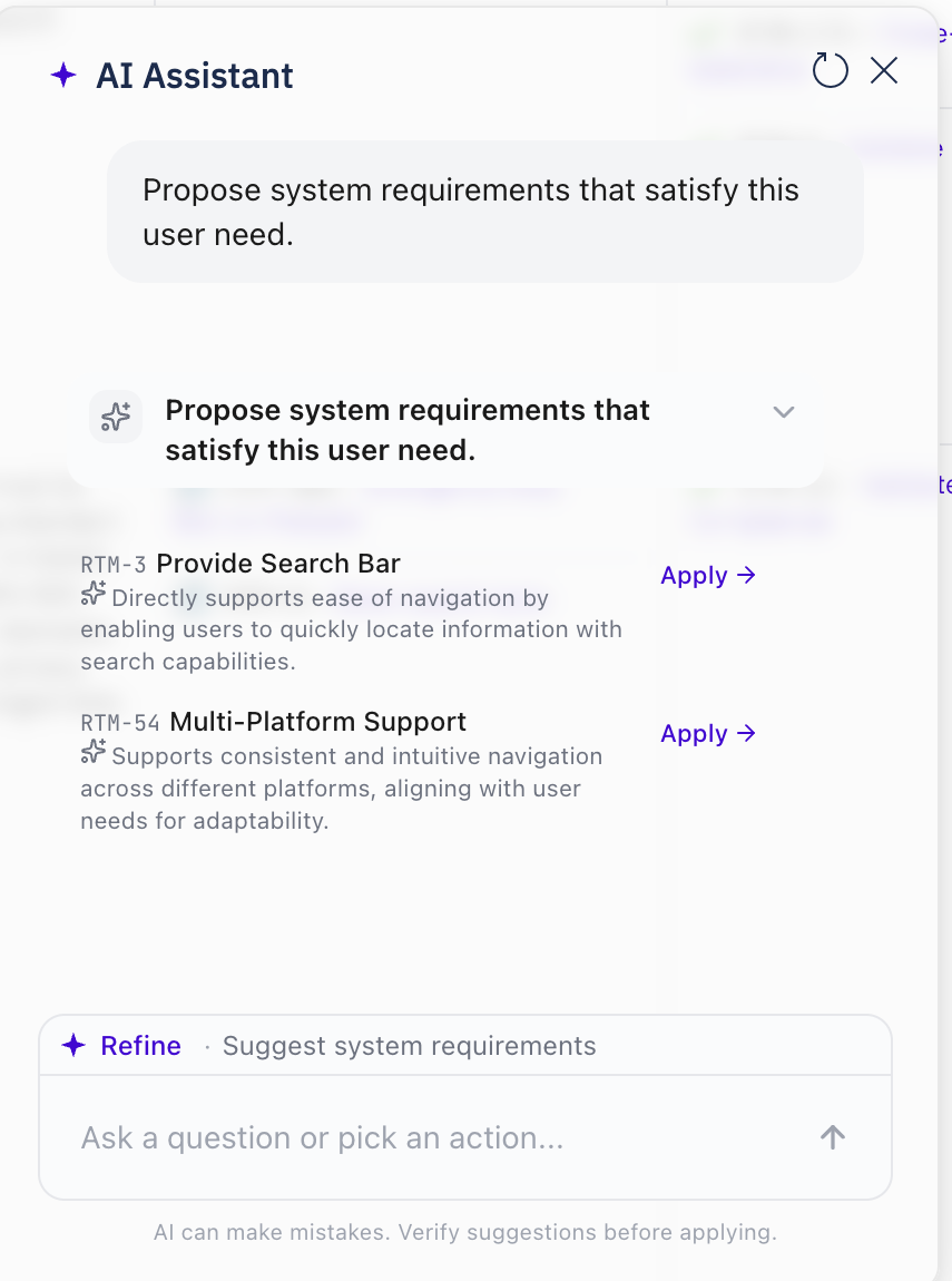 The AI Assistant window showing two recommendations, each with a work item id, a title, a one-sentence justification and an Apply link, with the Refine bar below them.