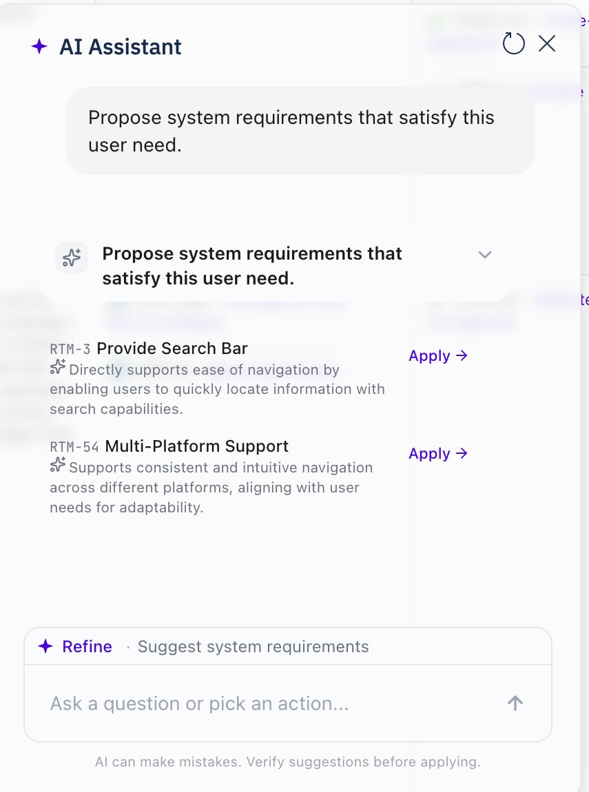 The AI Assistant window showing two recommendations, each with a work item id, a title, a one-sentence justification and an Apply link, with the Refine bar below them.