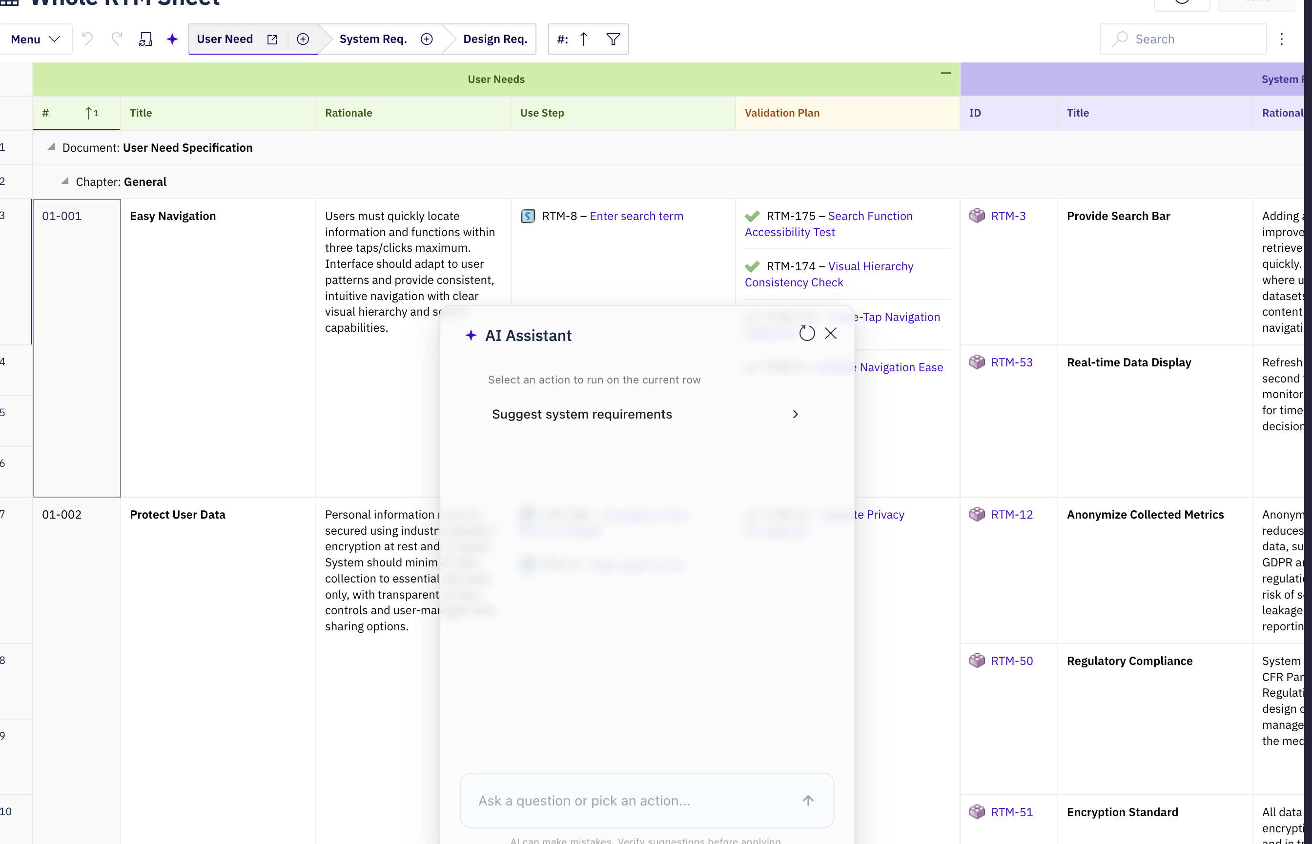 A Powersheet document with the AI Assistant floating window open at the bottom centre, and the sparkle AI Assistant button highlighted in the sheet toolbar.