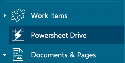 Polarion sidebar navigation with the Powersheet Drive topic highlighted between Work Items and Documents & Pages