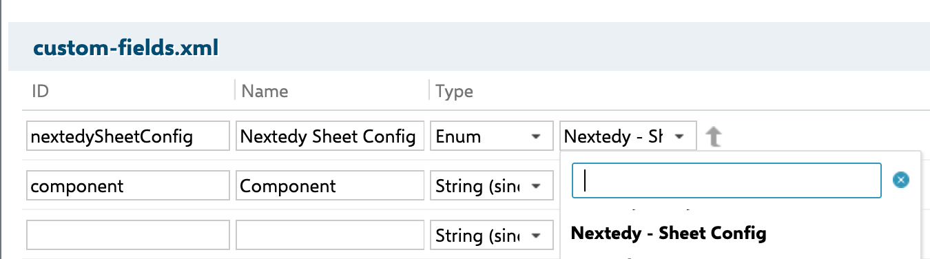 custom-fields.xml editor row defining the nextedySheetConfig field with Name 'Sheet Config' and Type 'Enum: Nextedy - Sheet Config'
