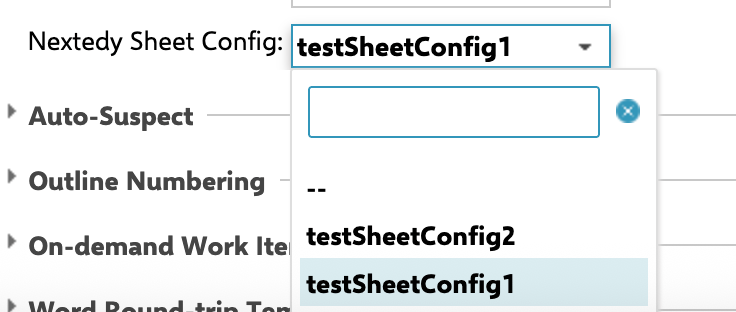 Document properties panel showing the Sheet Config field set to testSheetConfig1 with a dropdown listing other available configurations (testSheetConfig2 and an empty option)