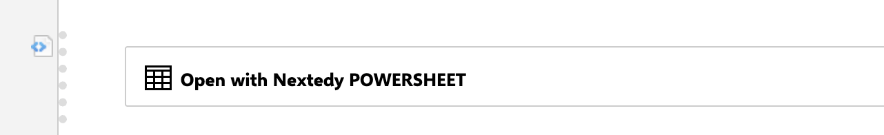 Open with Nextedy Powersheet button shown on a Polarion document, used to switch to the Powersheet view