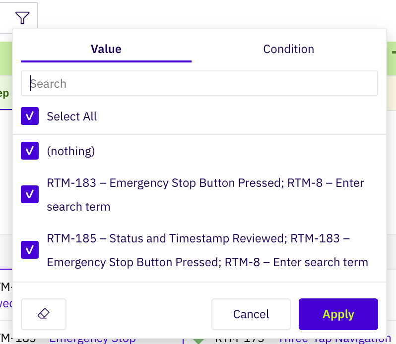 Filter dialog opened from a column funnel icon, showing Value and Condition tabs, a Search field, Select All checkbox, individual value rows with checkboxes, an eraser clear-filter button, and Cancel/Apply buttons