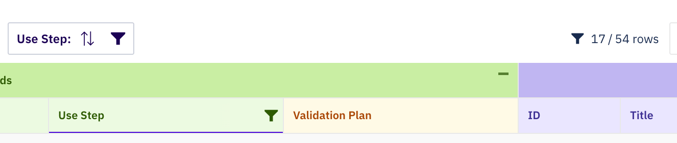 Powersheet toolbar showing a 'Use Step' column with sort/filter icons, a green funnel indicating an active filter, and the row count display reading '17 / 54 rows' to confirm how many rows currently match the filter
