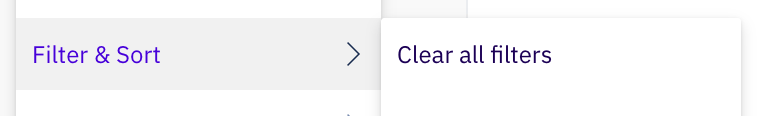 Filter & Sort submenu of the Menu dropdown showing the 'Clear all filters' entry, which removes every active column filter in a single click