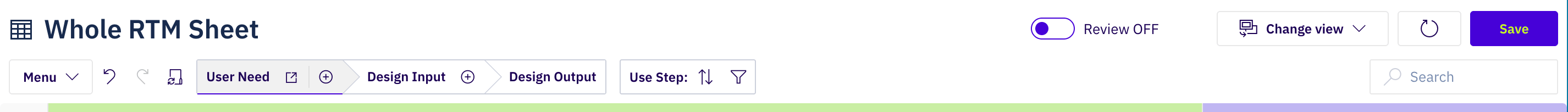 Powersheet toolbar at the top of the sheet, divided into the Menu dropdown, undo/redo buttons, work items tree breadcrumb (User Need, Design Input, Design Output, Use Step), a Review ON/OFF toggle, Change view dropdown, refresh icon, Save button, and Search field