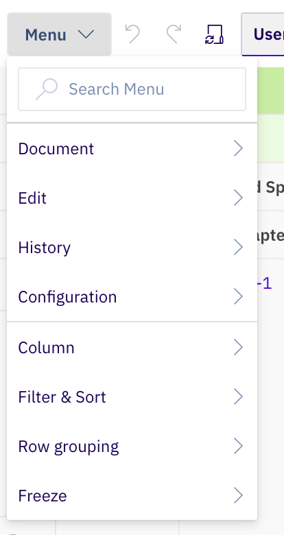 Menu dropdown in the Powersheet toolbar showing Document, Edit, History, Configuration, Column, Filter & Sort, Row grouping, and Freeze entries
