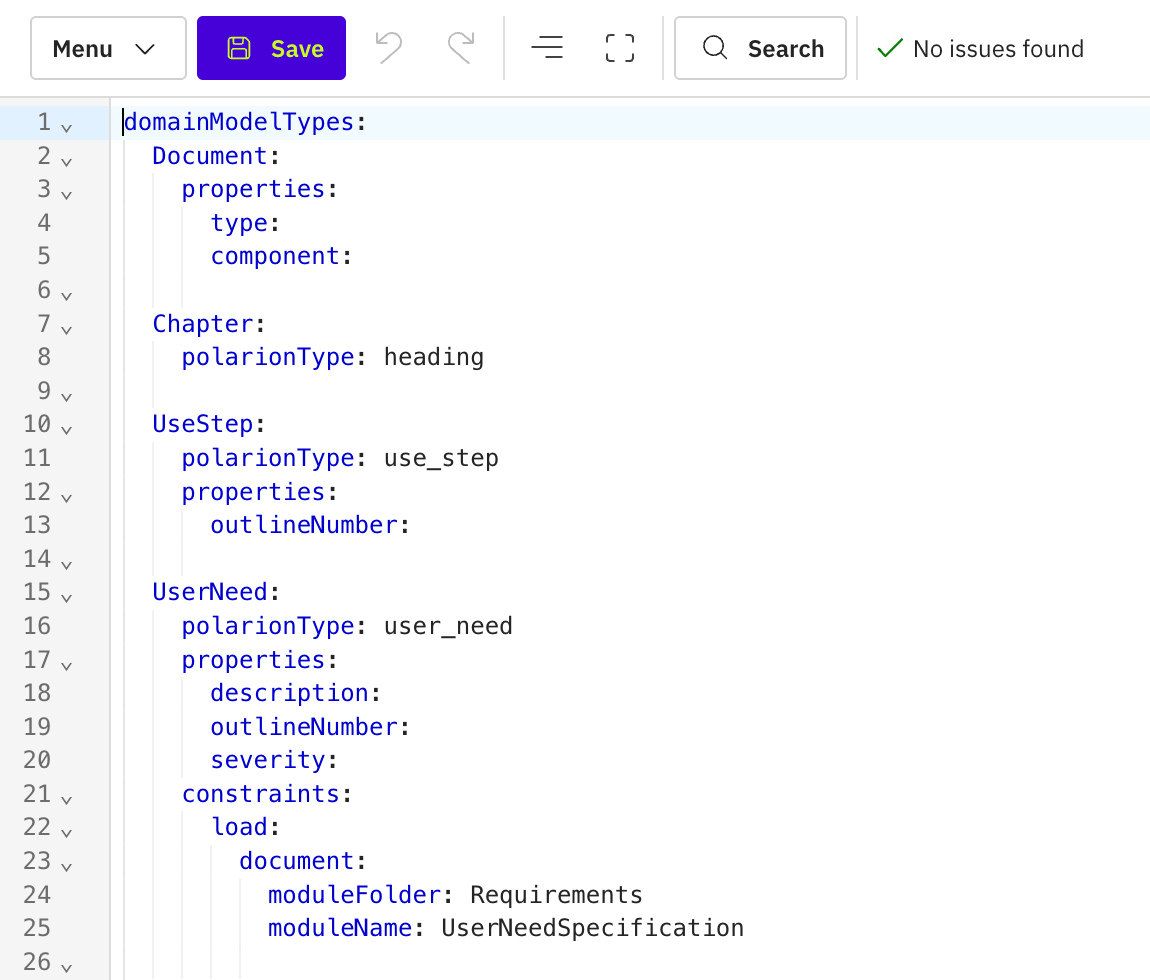Data model YAML editor with domainModelTypes containing Document, Chapter, UseStep, and UserNeed entity definitions, showing the Save toolbar at the top