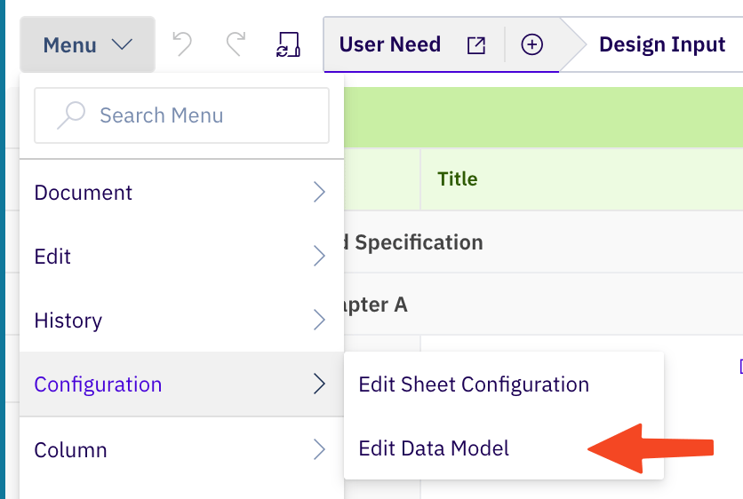 Powersheet document Menu dropdown opened on Configuration with Edit Sheet Configuration and Edit Data Model options highlighted