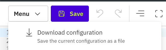 Data Model editor toolbar showing the Menu dropdown opened with the 'Download configuration' option exposed next to the Save button