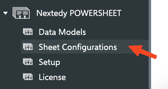 Polarion administration sidebar showing the Nextedy Powersheet section with Sheet Configurations highlighted