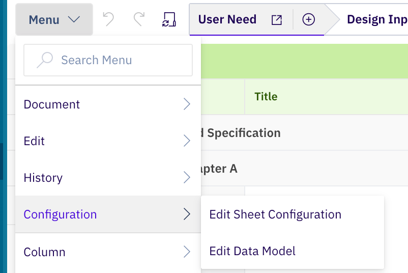 Powersheet document Menu dropdown with the Configuration submenu open, exposing Edit Sheet Configuration and Edit Data Model entries