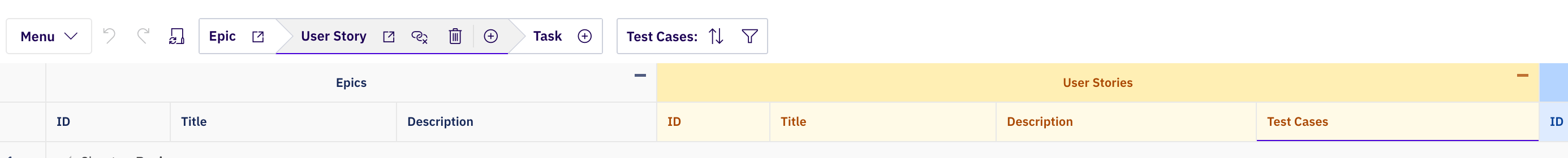 Powersheet header showing two stacked group headers (Epics and User Stories) above the regular column headers, with collapse toggles on each group and a Test Cases sub-group inside User Stories