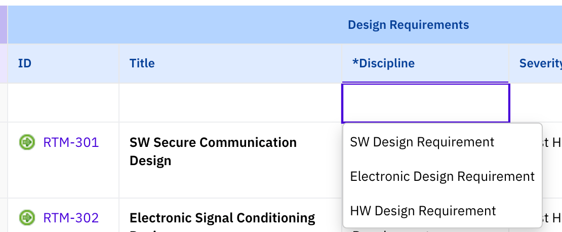 Discipline column dropdown picker open on a Design Requirements row showing the three selectable Polarion subtypes - SW Design Requirement, Electronic Design Requirement, HW Design Requirement - that determine which type is created for the row
