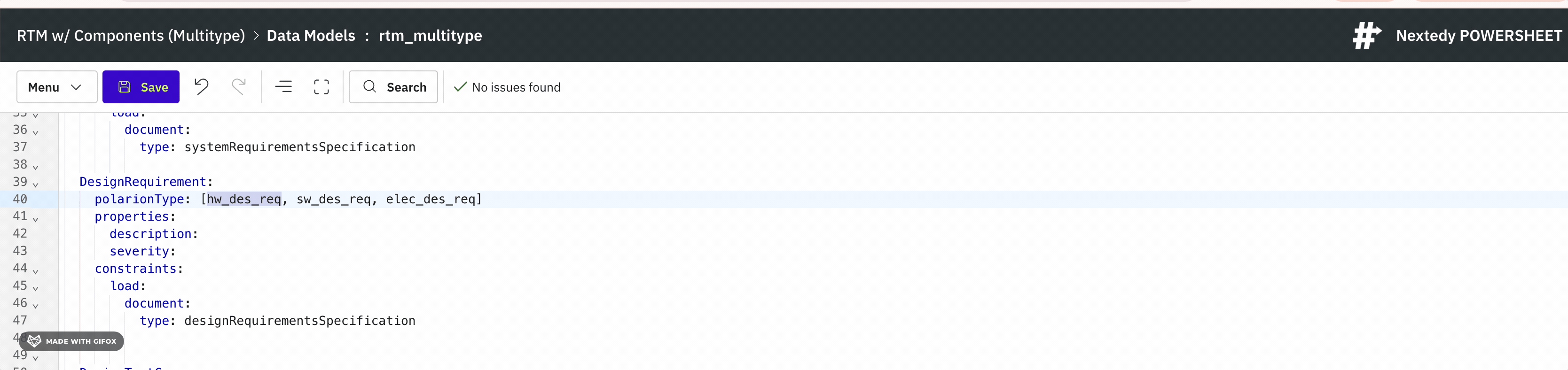 Data model YAML editor showing the DesignRequirement entity type with polarionType set to an array of three Polarion type IDs (hw_des_req, sw_des_req, elec_des_req) plus its properties and constraints