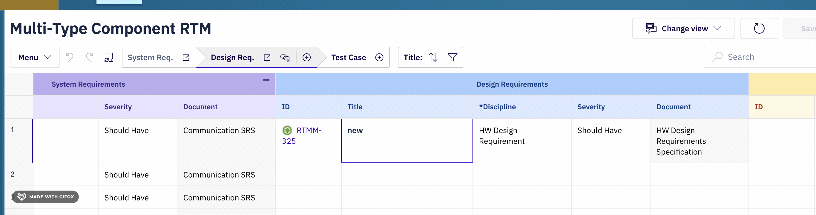 Multi-Type Component RTM sheet with a new Design Requirements row being created - the user enters a title and picks HW Design Requirement from the *Discipline column to set the underlying Polarion type