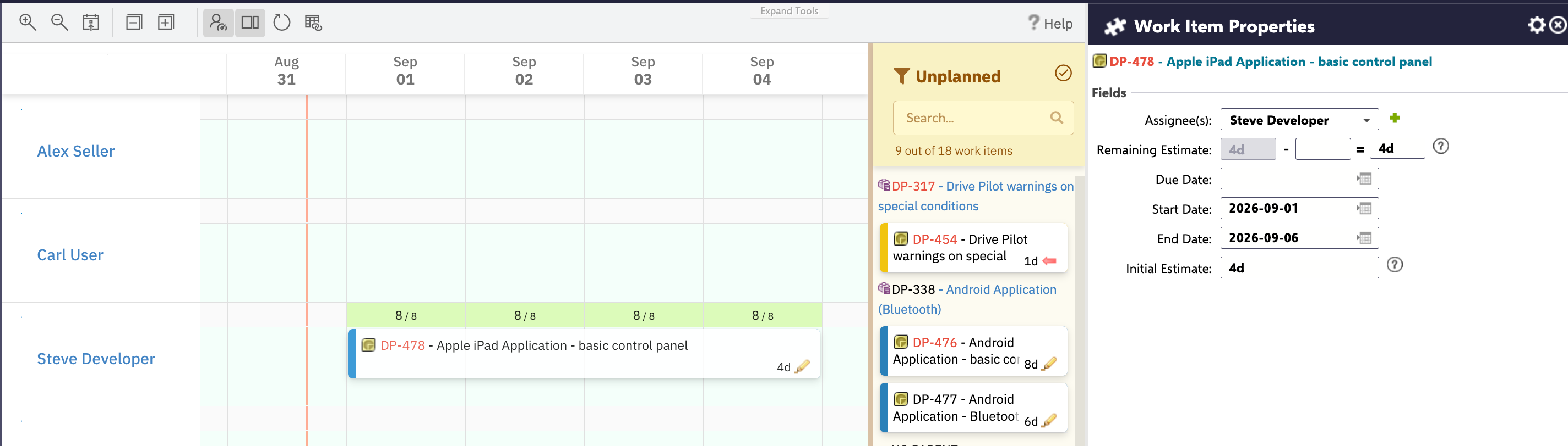 Clicking a task bar on the Scheduler board opens Polarion's Work Item Properties panel on the right, headed with the clicked work item SCHE-534 and offering Save, Cancel and Close actions