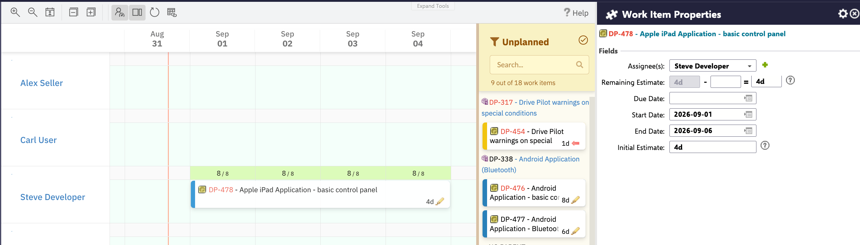 Clicking a task bar on the Scheduler board opens Polarion's Work Item Properties panel on the right, headed with the clicked work item SCHE-534 and offering Save, Cancel and Close actions