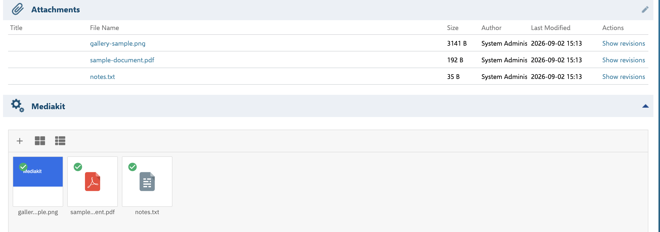 A work item form showing the Attachments section above a Mediakit gallery section containing three file tiles