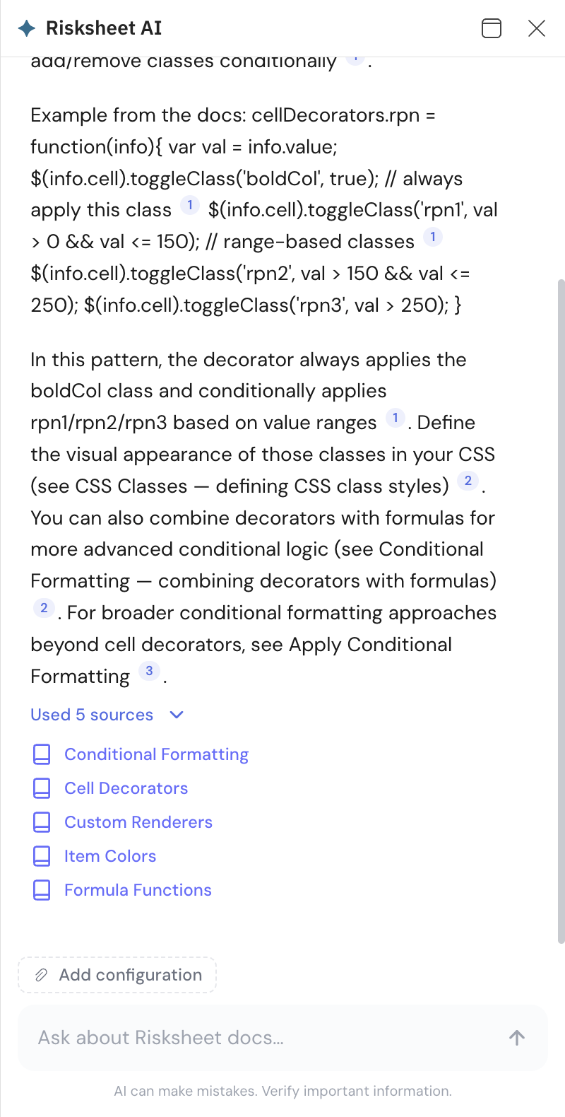 The ✦ Risksheet AI panel answering a question about conditional formatting with cell decorators, with numbered citation links and an expanded “Used 5 sources” list naming Conditional Formatting, Cell Decorators, Custom Renderers, Item Colors, and Formula Functions.