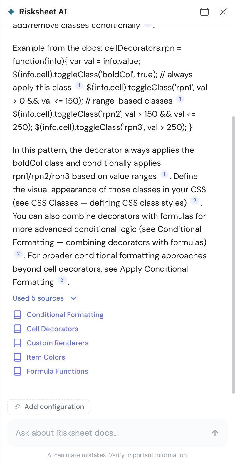 The ✦ Risksheet AI panel answering a question about conditional formatting with cell decorators, with numbered citation links and an expanded “Used 5 sources” list naming Conditional Formatting, Cell Decorators, Custom Renderers, Item Colors, and Formula Functions.