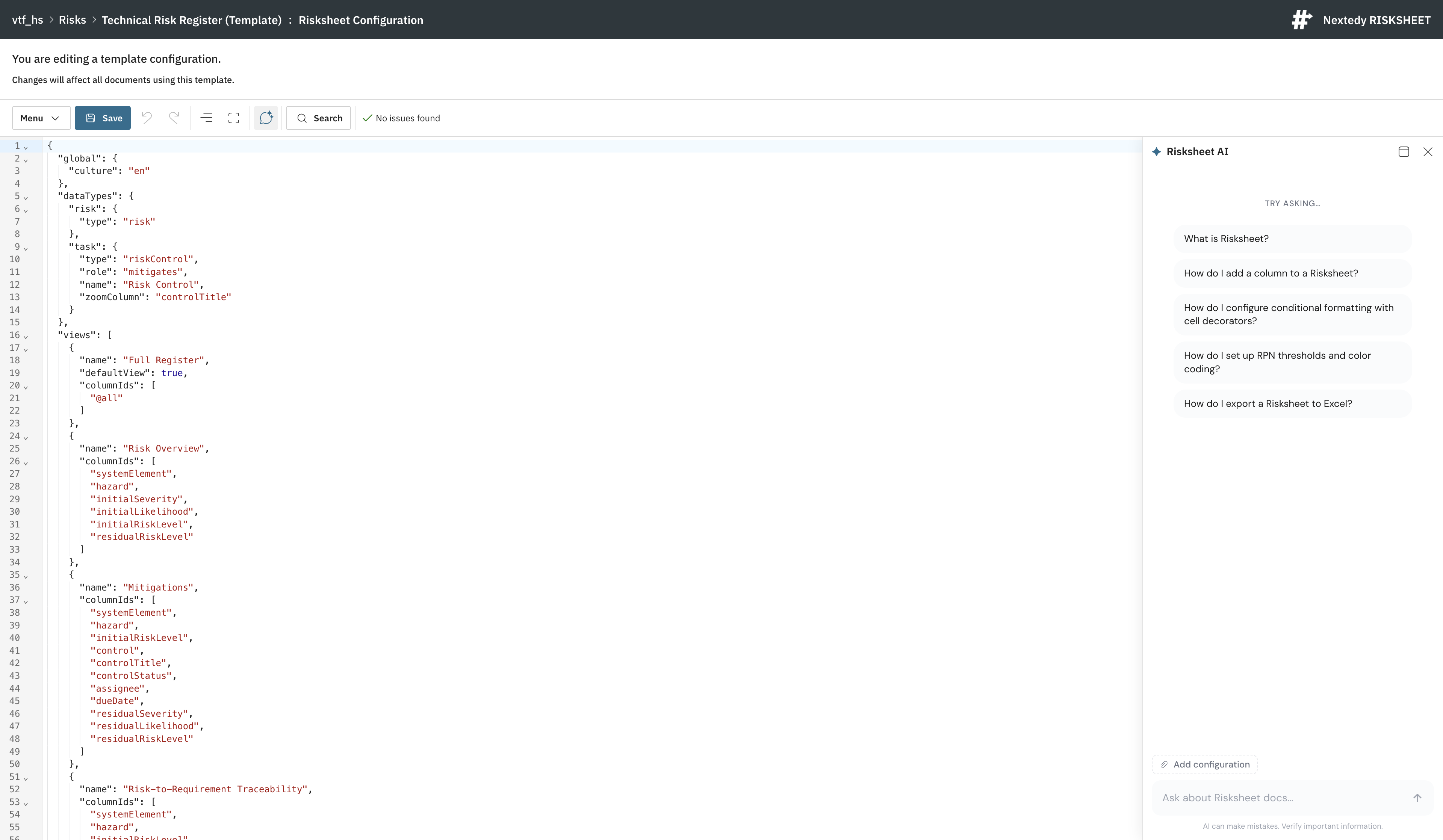The Risksheet configuration editor with the ✦ Risksheet AI panel docked on the right, showing the Try asking… starter questions, the Add configuration control, and the AI Assistant sparkle button in the editor toolbar.
