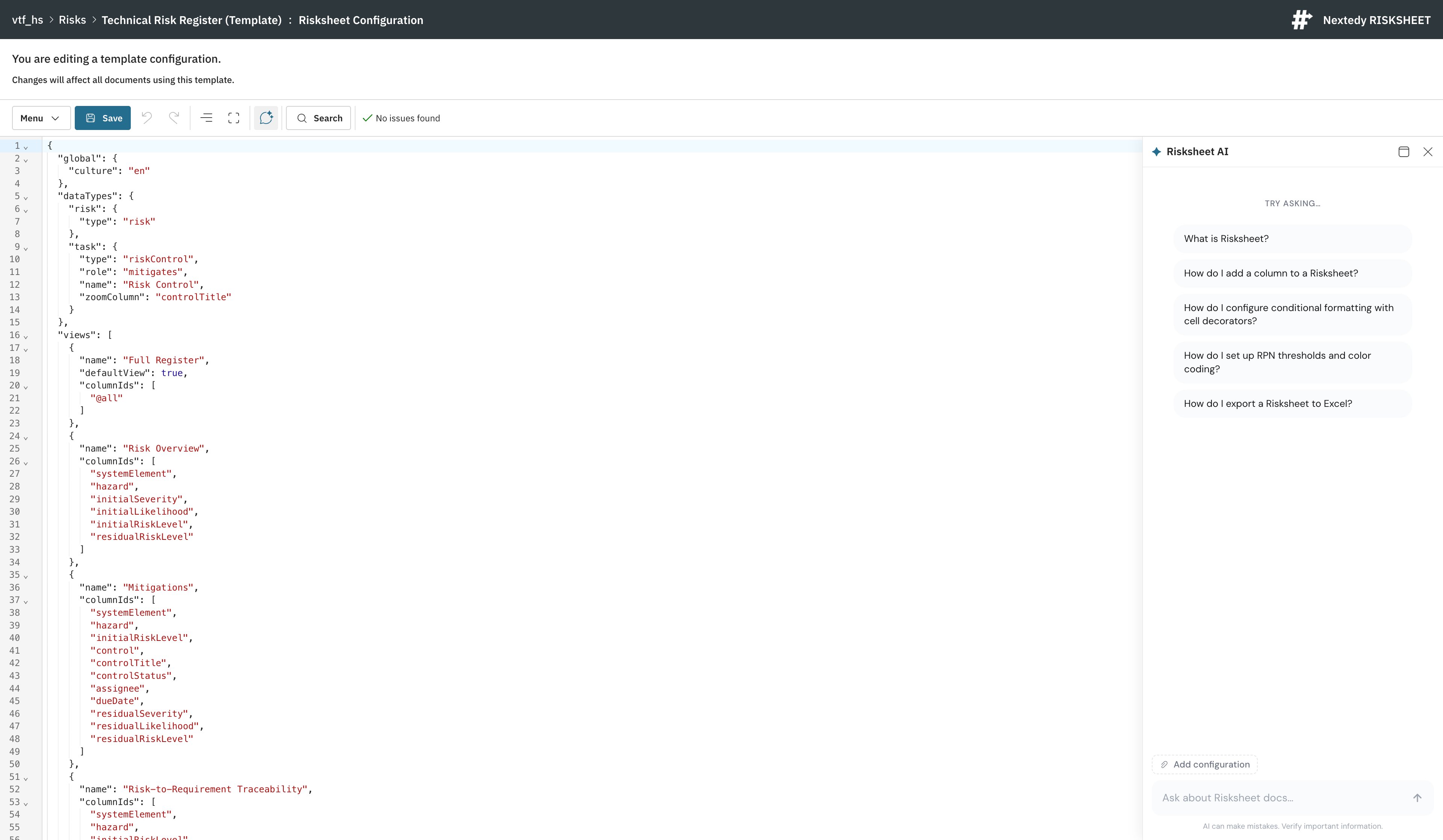 The Risksheet configuration editor with the ✦ Risksheet AI panel docked on the right, showing the Try asking… starter questions, the Add configuration control, and the AI Assistant sparkle button in the editor toolbar.