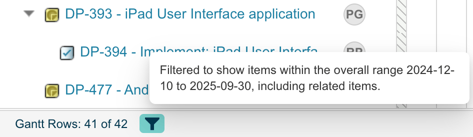 Gantt footer showing the count of visible rows out of the total with a funnel icon for the active time range filter