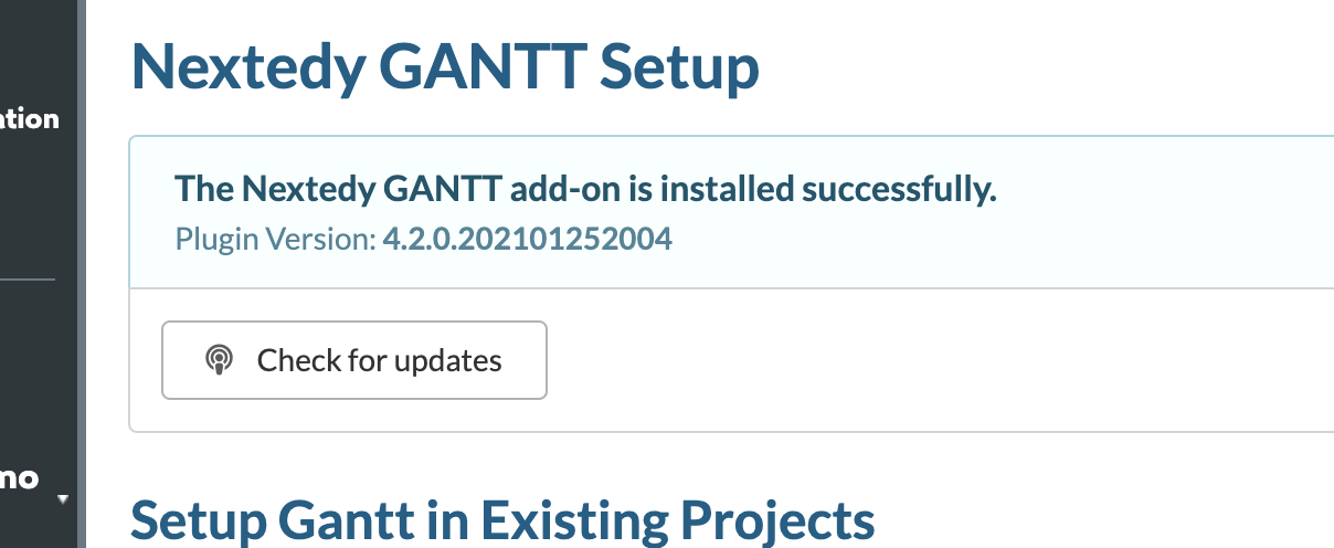 Nextedy GANTT Setup admin page showing the installed version and the latest available version