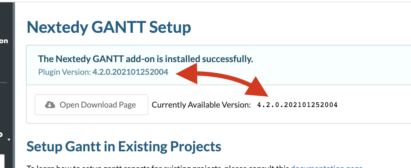 Setup page showing the latest available Gantt version alongside the installed version