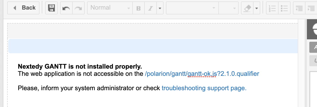 Polarion UI showing the error message that appears where the Gantt widget should render when the configuration cache was not cleared