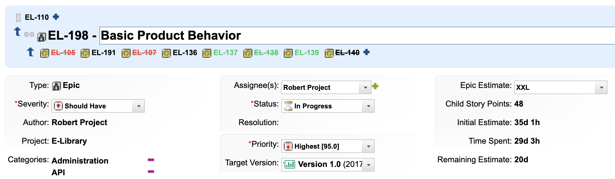 Epic with User Stories as children in the E-library demo, where Initial Estimate, Time Spent and Remaining Estimate are summed from the children