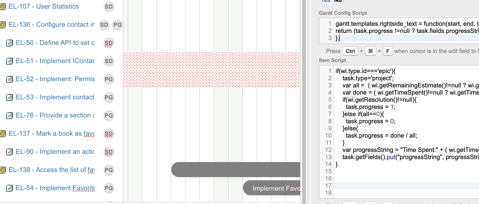 Gantt Config Script setting rightside_text so the computed progress summary appears to the right of the epic task bar