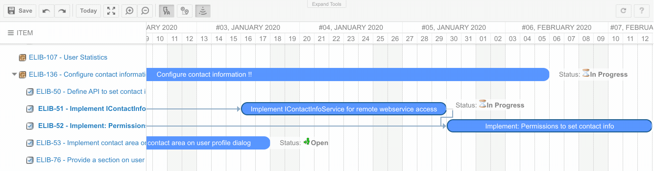 Dragging the first task on the Gantt timeline; the dependent task automatically shifts to keep its start aligned with the predecessor's end