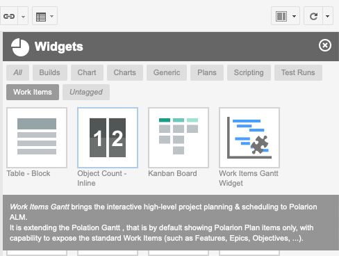 Polarion widget picker with the Work Items Gantt widget listed under the Work Items tag