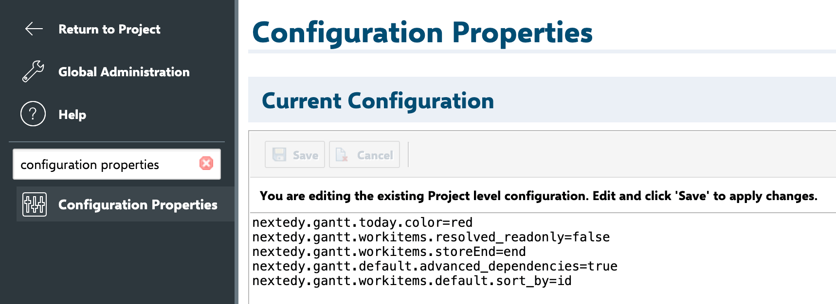 Polarion Administration Configuration Properties page where Gantt default value properties are defined