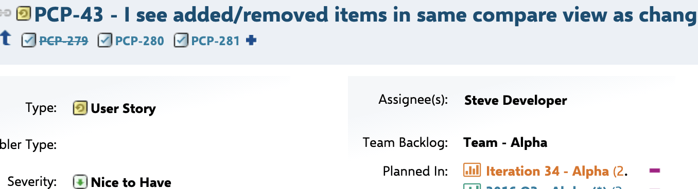 User story PCP-43 assigned to Iteration 34, with its Gantt schedule taken from that sprint assignment