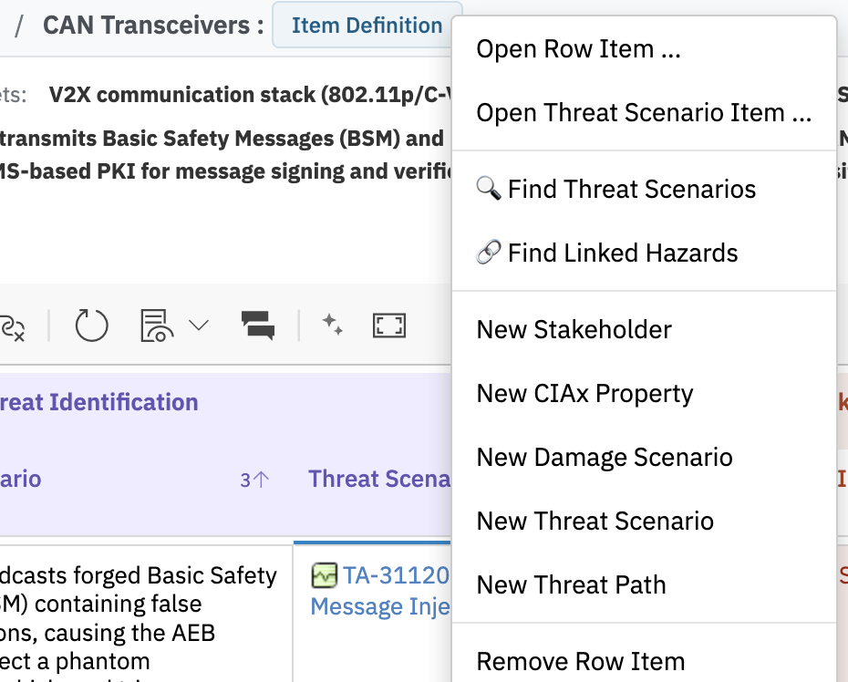 Risksheet cell context menu with two AI actions, Find Threat Scenarios and Find Linked Hazards