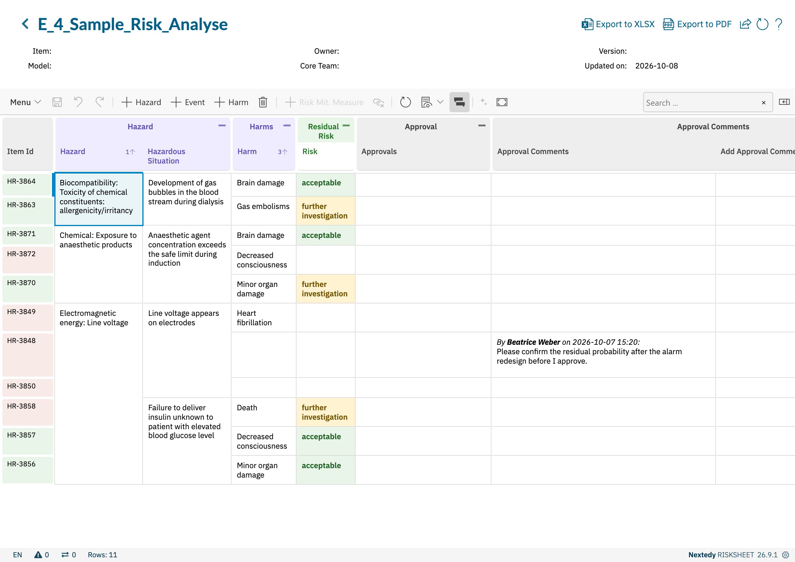 The sheet with the Approval Comments and Add Approval Comment columns, one row showing an approval comment by its author and date