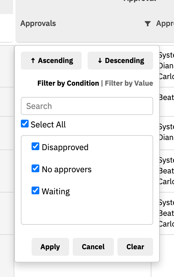 The column filter of the Approvals column with checkboxes for Disapproved, No approvers and Waiting