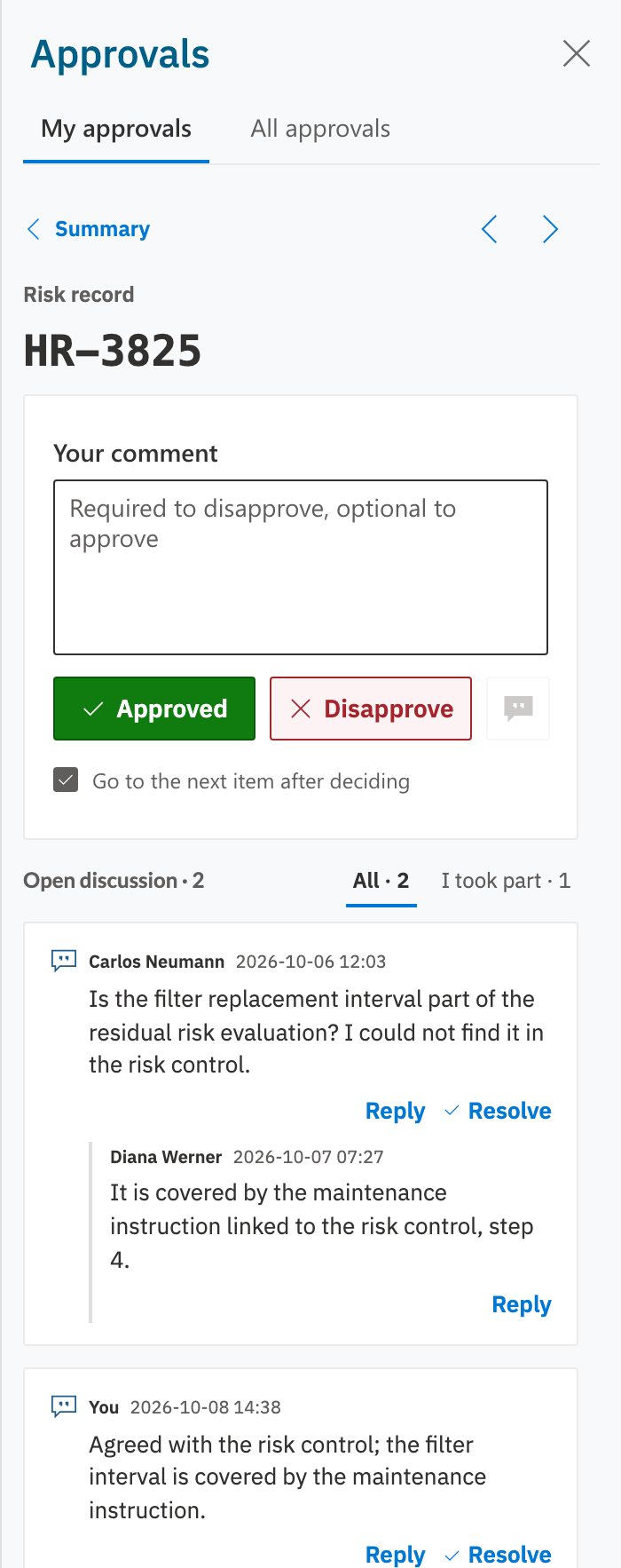The sidebar after Change verdict, with a filled Approved button beside Disapprove and an empty comment box