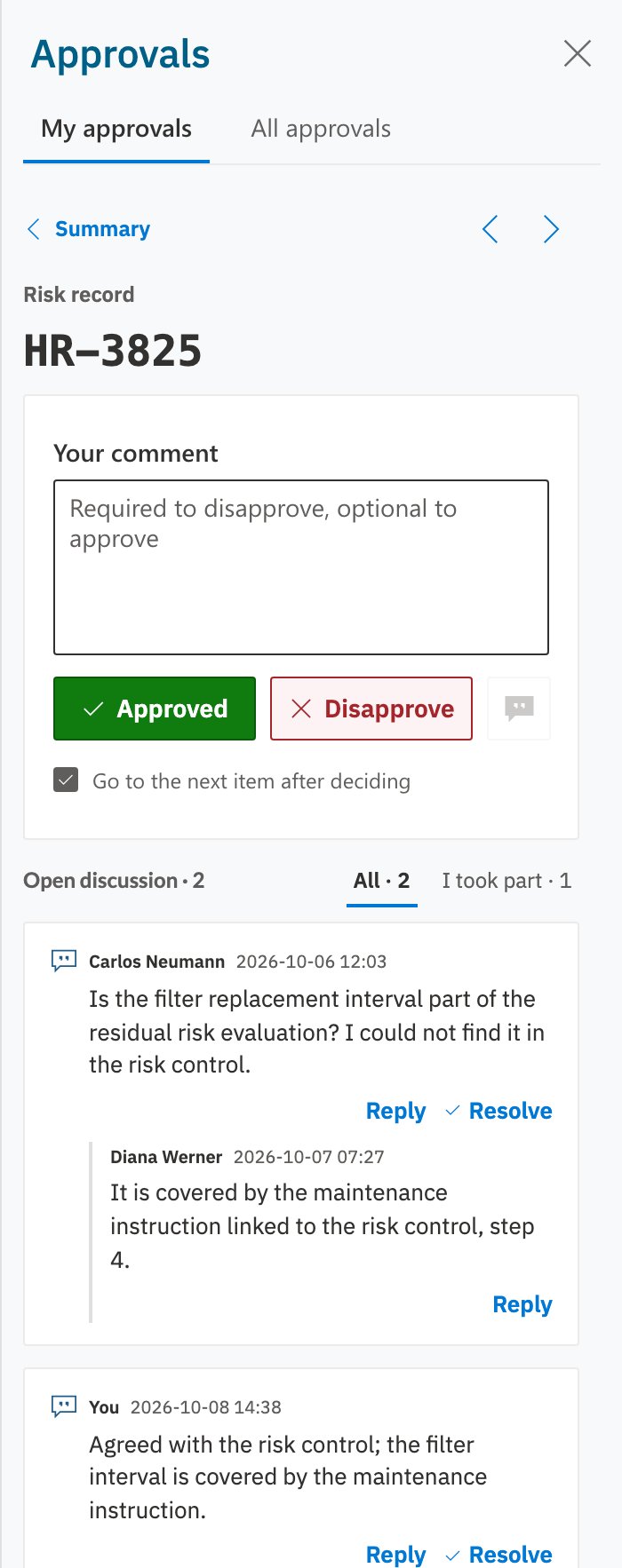 The sidebar after Change verdict, with a filled Approved button beside Disapprove and an empty comment box