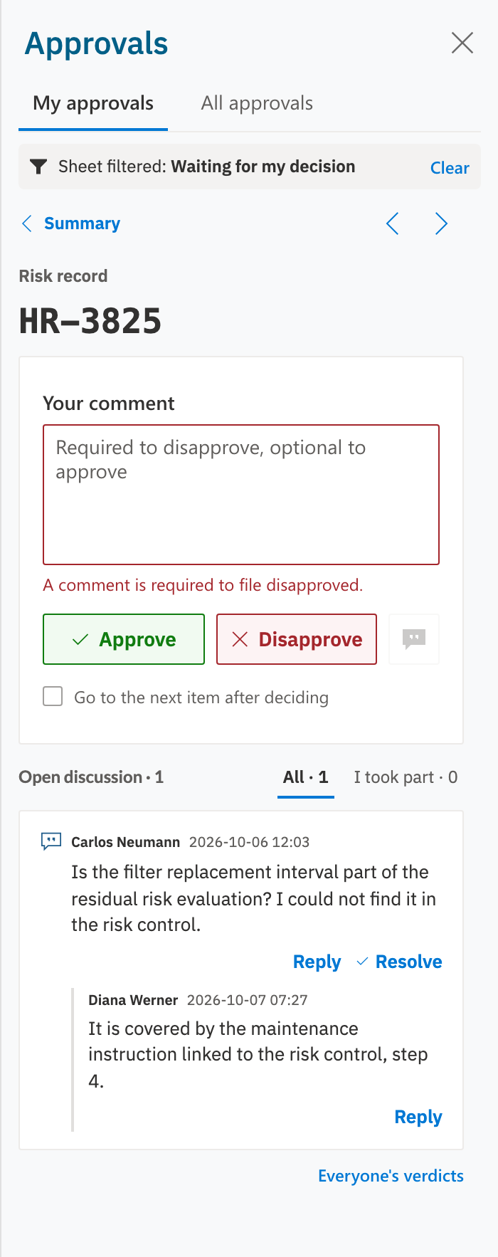 The sidebar with the message A comment is required to file disapproved. under the comment box