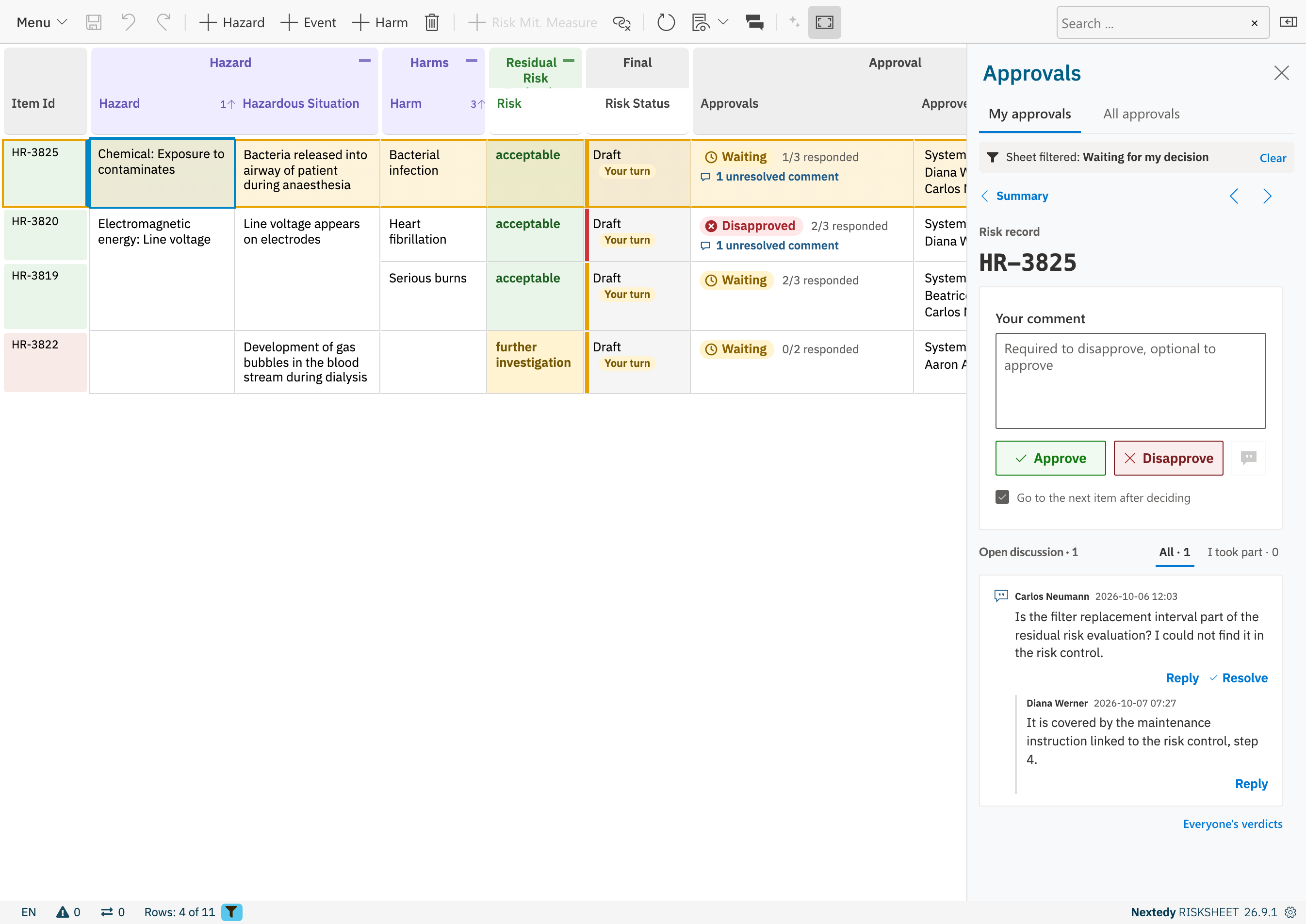 The sidebar on risk record HR-3825 with an empty comment box, Approve and Disapprove buttons, and a comment thread with a reply