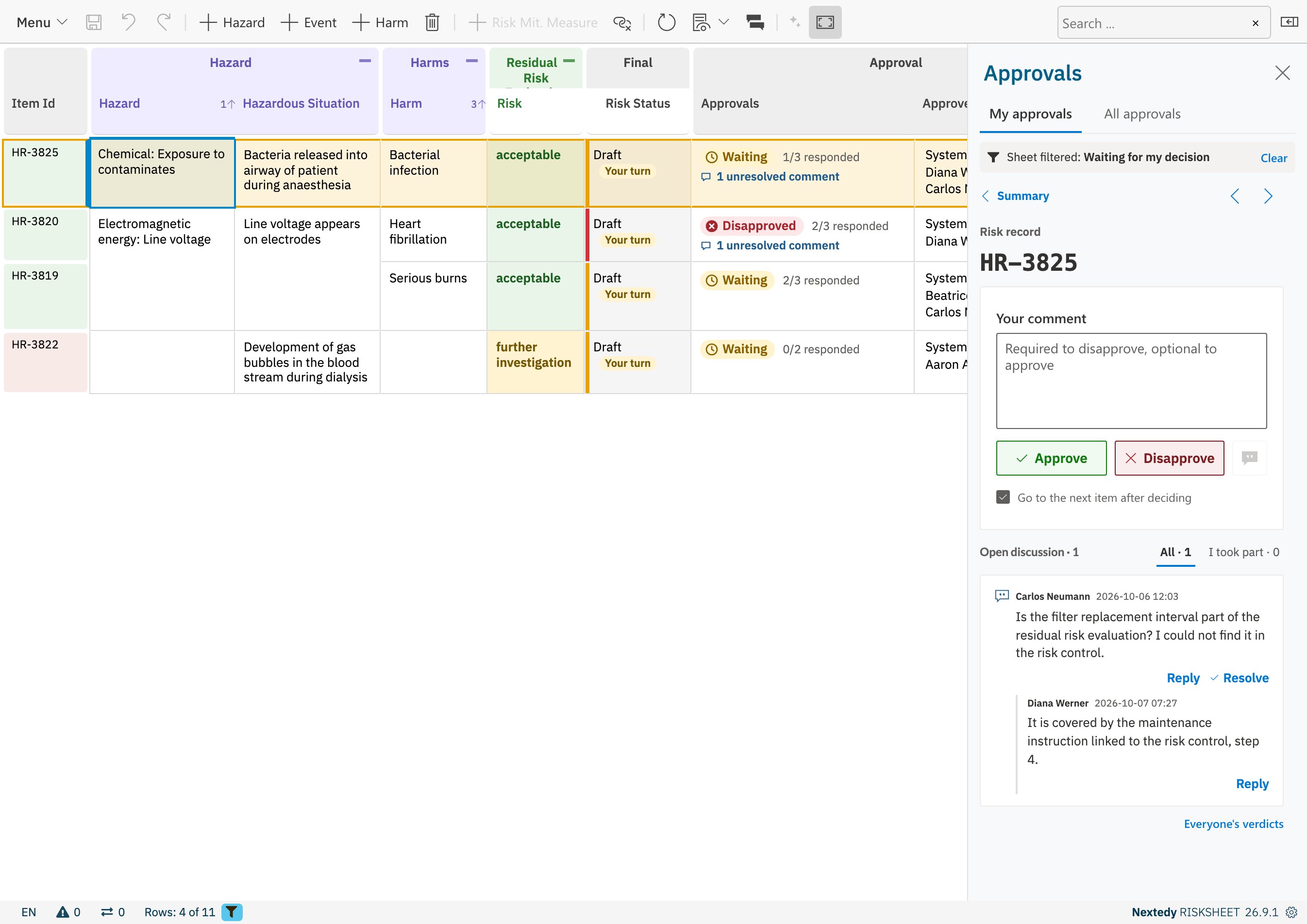 The sidebar on risk record HR-3825 with an empty comment box, Approve and Disapprove buttons, and a comment thread with a reply